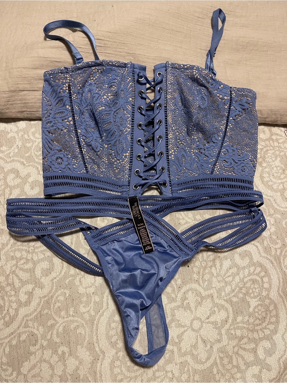 Victoria's Secret Blue Lace Corset Bralette Medium & Strappy Thong Large Set